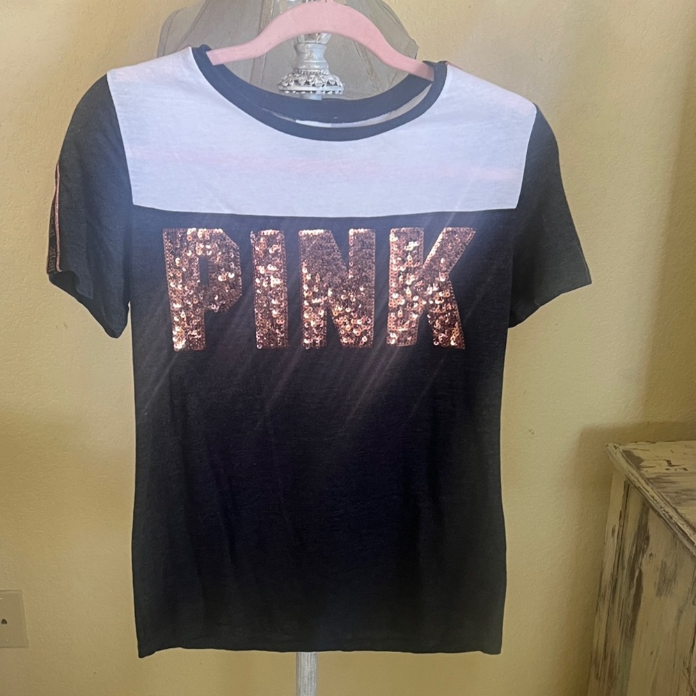 PINK Victoria's Secret Black Tee with Sequin Logo